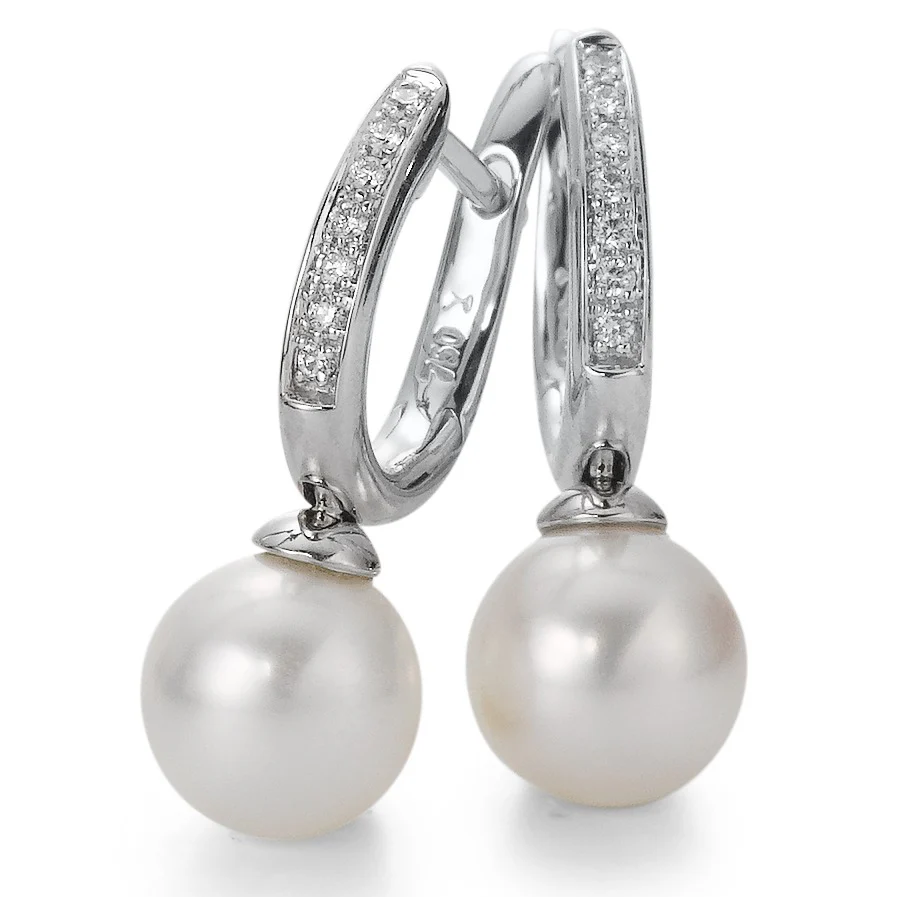 Orecchini circolari Oro bianco 750/18 carati Diamante 0.08 ct, 14 pietra, w-si Perla coltivata d'acqua dolce, 2 Perla, 8 mm