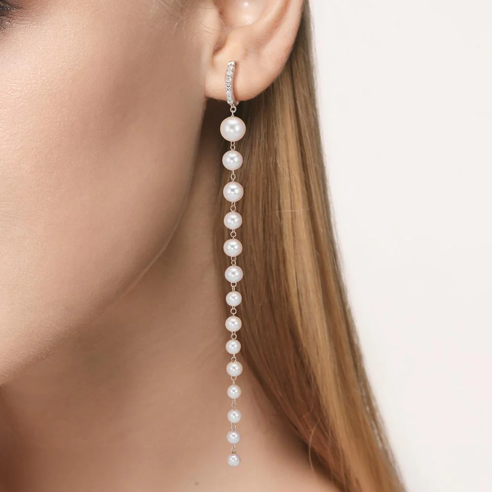 Orecchini circolari Oro bianco 750/18 carati Diamante 0.12 ct, 12 pietra, tw-si Perla coltivata d'acqua dolce, 28 Perla - Image 3
