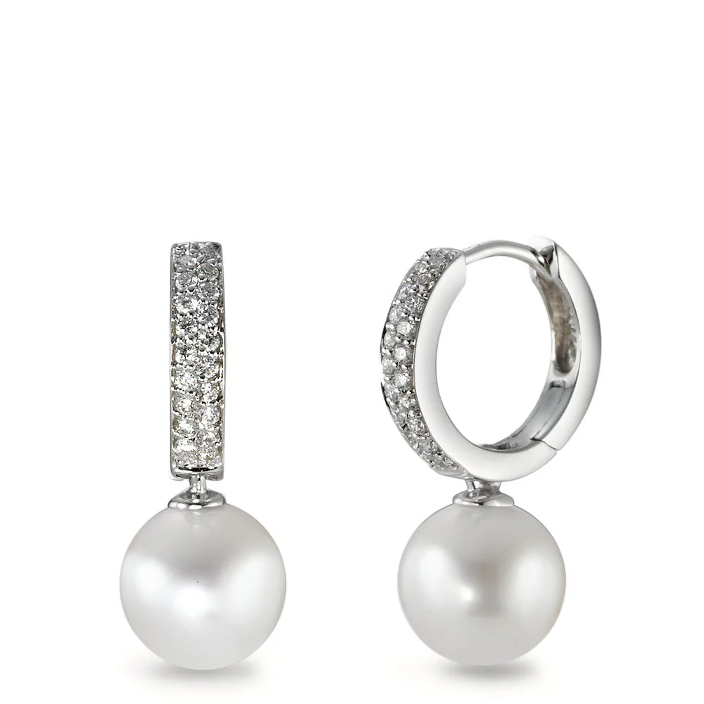 Orecchini circolari Oro bianco 750/18 carati Diamante 0.23 ct, 38 pietra, w-si Perla coltivata d'acqua dolce bianco, 2 Perla, 8 mm