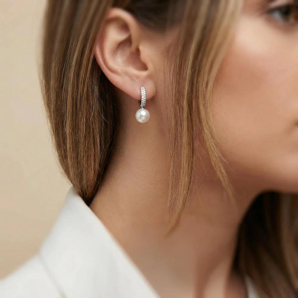 Orecchini circolari Oro bianco 750/18 carati Diamante 0.23 ct, 38 pietra, w-si Perla coltivata d'acqua dolce bianco, 2 Perla, 8 mm - Image 2