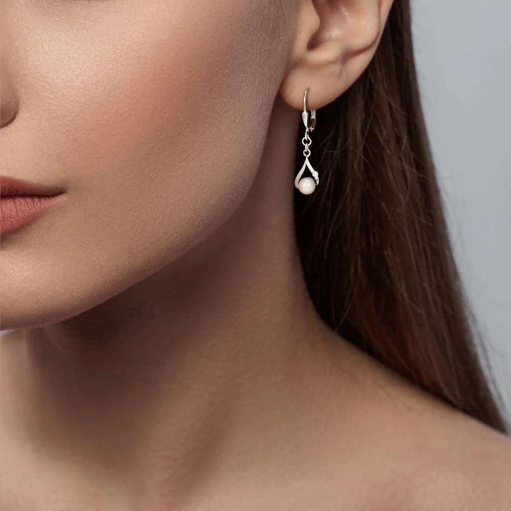 Orecchini Oro bianco 375/9K Zirconia 2 pietra Perla coltivata d'acqua dolce, 2 Perla, 5 mm - Image 3