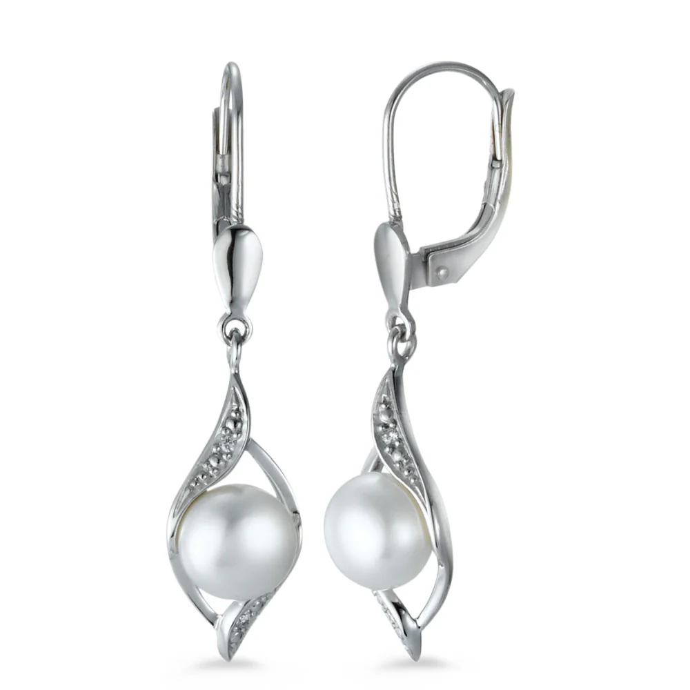 Orecchini Oro bianco 750/18 carati Diamante 0.016 ct, 4 pietra, [Brillant], p1 Perla coltivata d'acqua dolce bianco, 2 Perla 6.5-7 mm