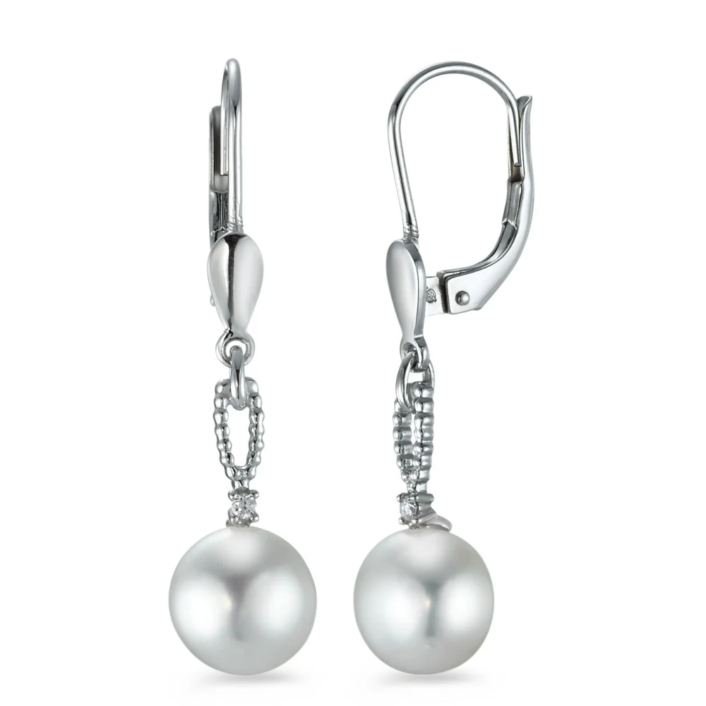 Orecchini Oro bianco 750/18 carati Diamante 0.02 ct, 2 pietra, [Brillant], p1 Perla coltivata d'acqua dolce 7-7.5 mm
