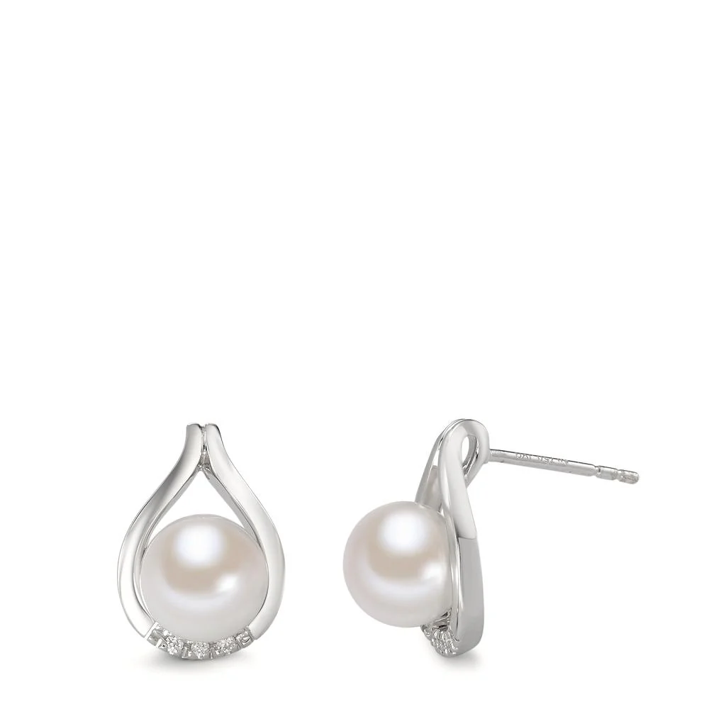Orecchini Oro bianco 750/18 carati Diamante 0.03 ct, 6 pietra, w-si Perla coltivata d'acqua dolce bianco, 2 Perla, 7.5 mm