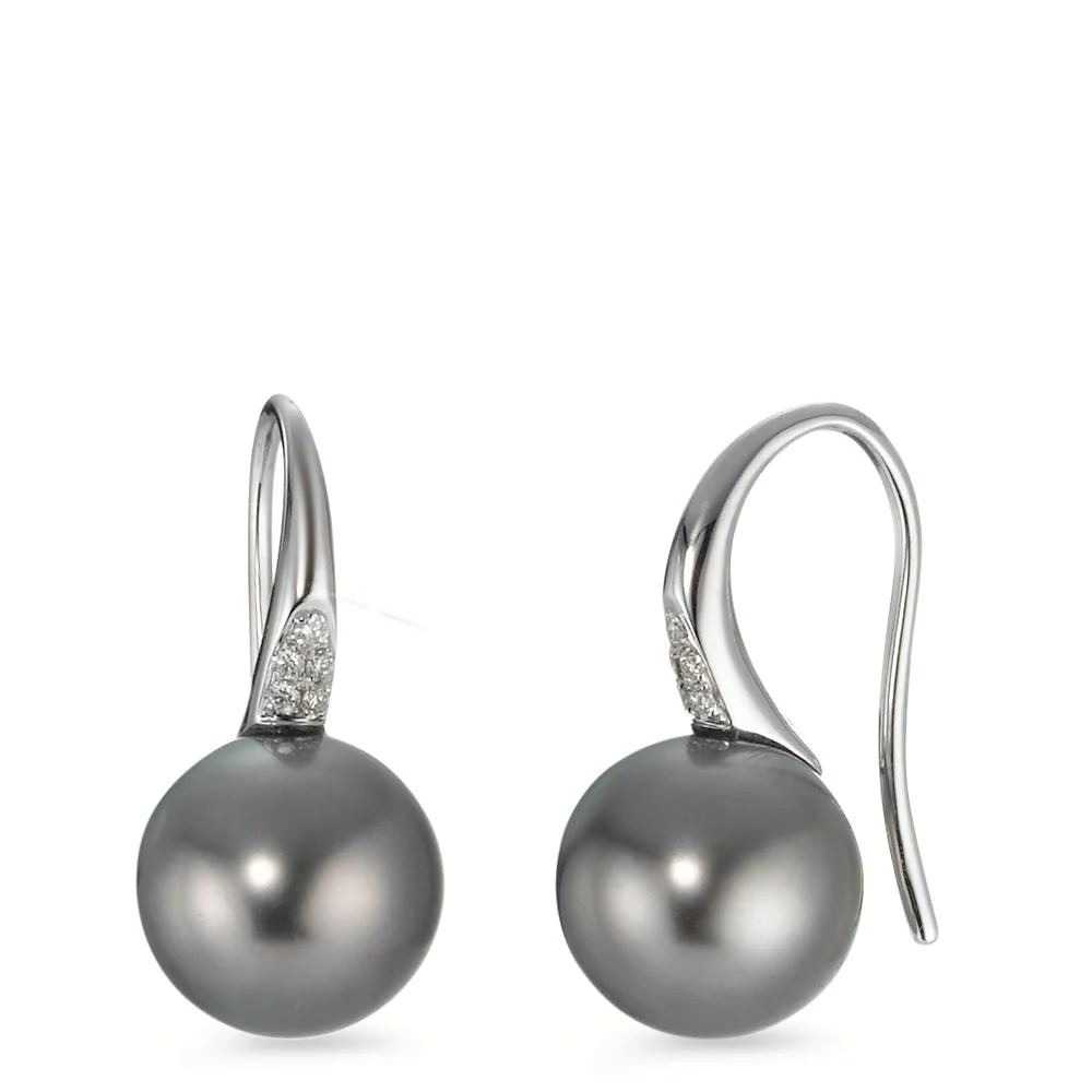 Orecchini Oro bianco 750/18 carati Diamante 0.05 ct, 10 pietra, w-si Perla di Tahiti Grigio, 2 Perla, 10 mm