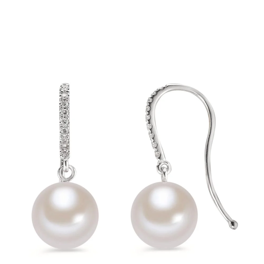 Orecchini Oro bianco 750/18 carati Diamante 0.08 ct, 18 pietra, vsi Perla coltivata d'acqua dolce bianco, 2 Perla, 9 mm