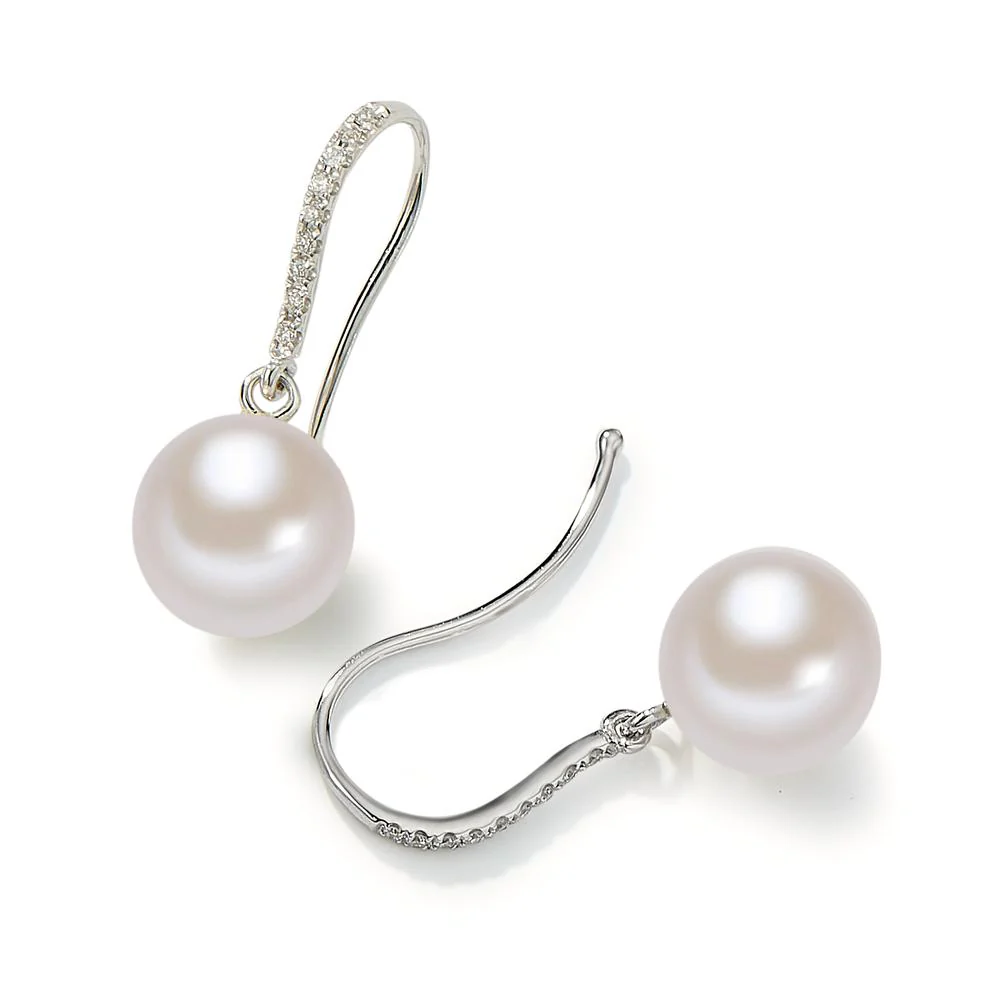 Orecchini Oro bianco 750/18 carati Diamante 0.08 ct, 18 pietra, vsi Perla coltivata d'acqua dolce bianco, 2 Perla, 9 mm - Image 4