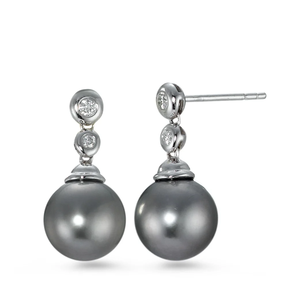Orecchini Oro bianco 750/18 carati Diamante 0.09 ct, 4 pietra, w-si Perla di Tahiti Grigio, 2 Perla, 10 mm