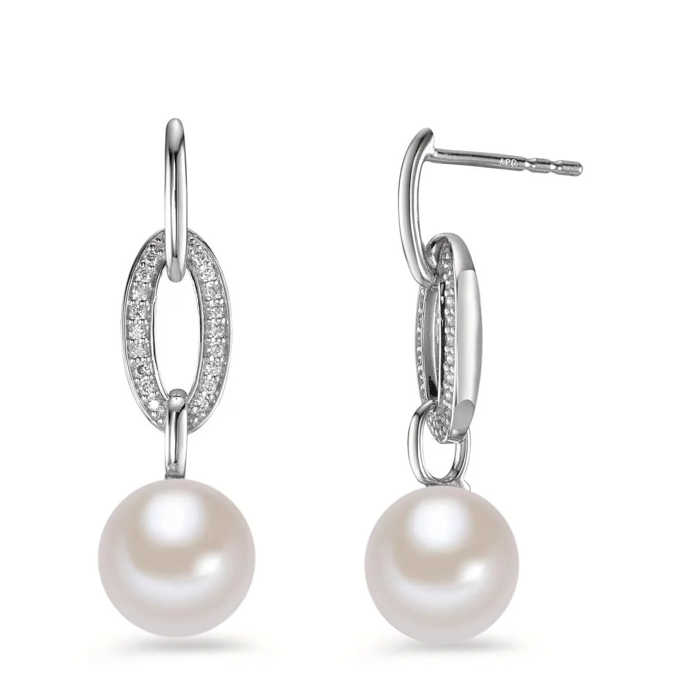 Orecchini Oro bianco 750/18 carati Diamante 0.12 ct, [Brillant], w-si Perla coltivata d'acqua dolce bianco, 2 Perla, 8.5 mm