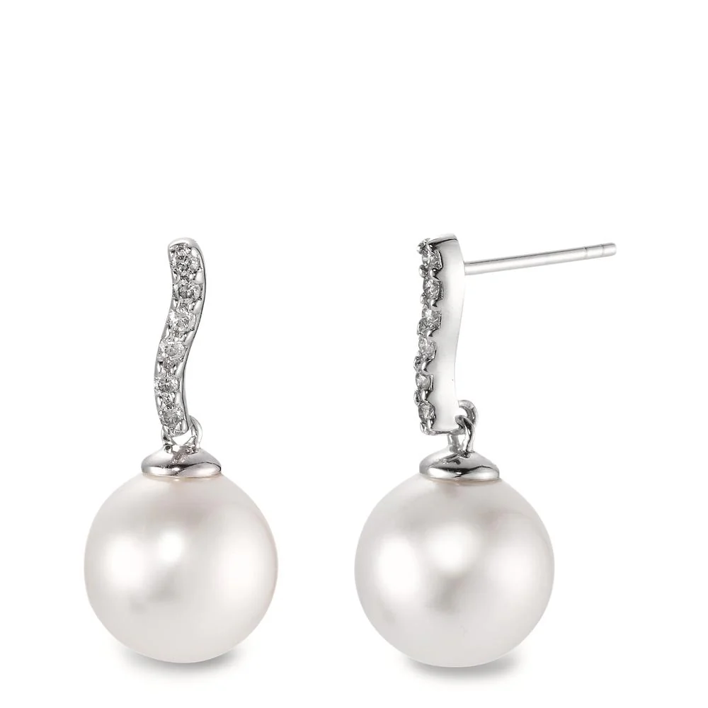 Orecchini Oro bianco 750/18 carati Diamante 0.13 ct, w-si Perla coltivata d'acqua dolce, 12 Perla, 10 mm