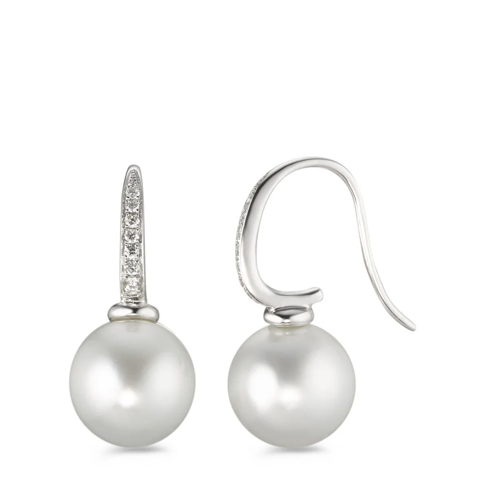 Orecchini Oro bianco 750/18 carati Diamante 0.14 ct, 14 pietra, w-si Perla di Tahiti bianco, 2 Perla, 10 mm