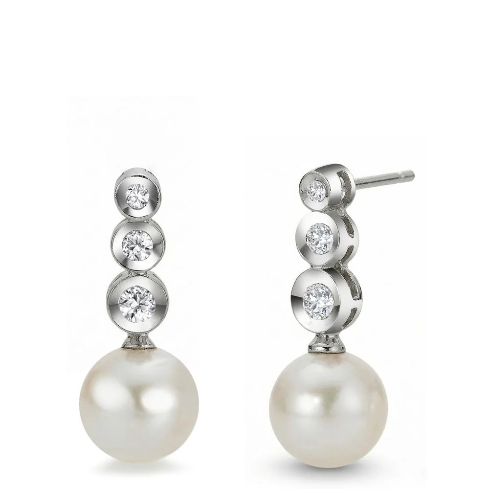 Orecchini Oro bianco 750/18 carati Diamante 0.17 ct, 6 pietra, w-si Perla coltivata d'acqua dolce bianco, 2 Perla, 8 mm