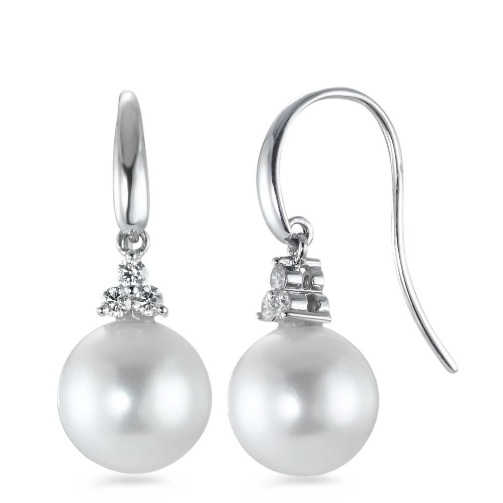 Orecchini Oro bianco 750/18 carati Diamante 0.20 ct, 6 pietra, w-si Perla coltivata d'acqua dolce bianco, 2 Perla, 10 mm