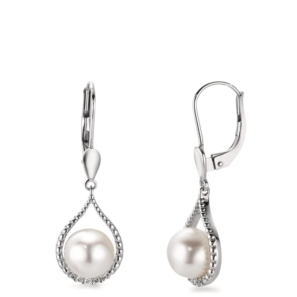 Orecchini Oro bianco 750/18 carati Diamante bianco, 0.06 ct, 10 pietra, [Brillant], w-si Perla coltivata d'acqua dolce, 7.5 mm