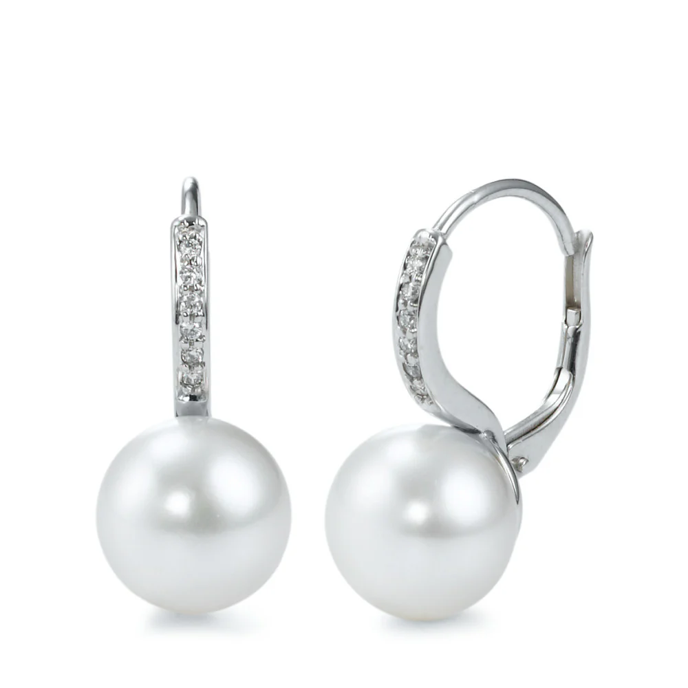 Orecchini Oro bianco 750/18 carati Diamante bianco, 0.06 ct, 12 pietra, [Brillant], w-si Perla coltivata d'acqua dolce, 2 Perla, 8.5 mm