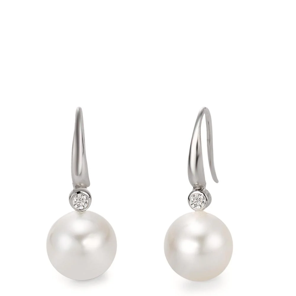 Orecchini Oro bianco 750/18 carati Diamante bianco, 0.09 ct, 2 pietra, si Perla coltivata d'acqua dolce bianco, 2 Perla, 10 mm