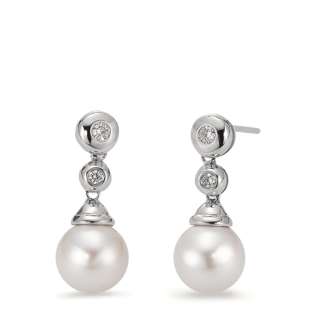 Orecchini Oro bianco 750/18 carati Diamante bianco, 0.09 ct, 4 pietra, si Perla coltivata d'acqua dolce bianco, 4 Perla, 8 mm