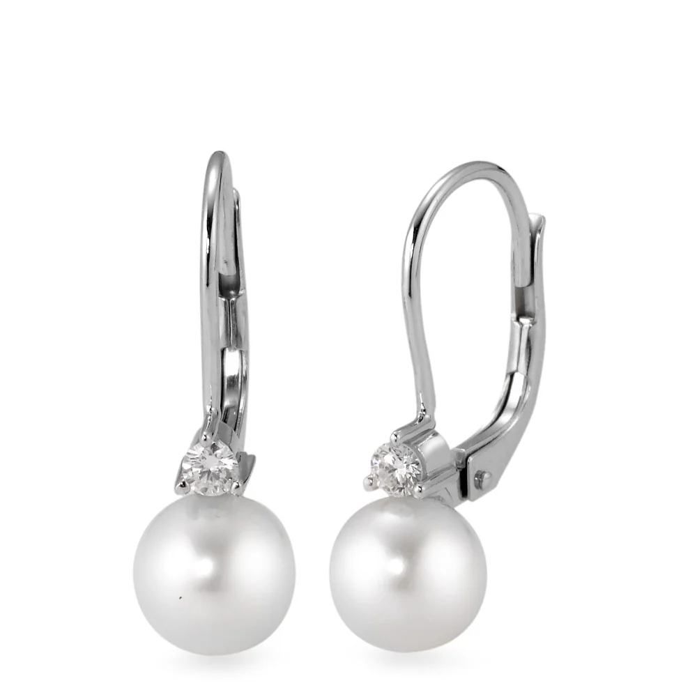 Orecchini Oro bianco 750/18 carati Diamante bianco, 0.10 ct, 2 pietra, [Brillant], w-si Perla coltivata d'acqua dolce, 2 Perla, 6.5 mm