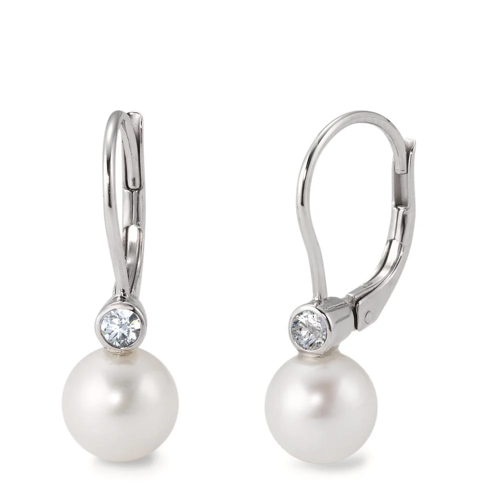 Orecchini Oro bianco 750/18 carati Diamante bianco, 0.10 ct, 2 pietra, [Brillant], w-si Perla coltivata d'acqua dolce bianco, 2 Perla, 6.5 mm