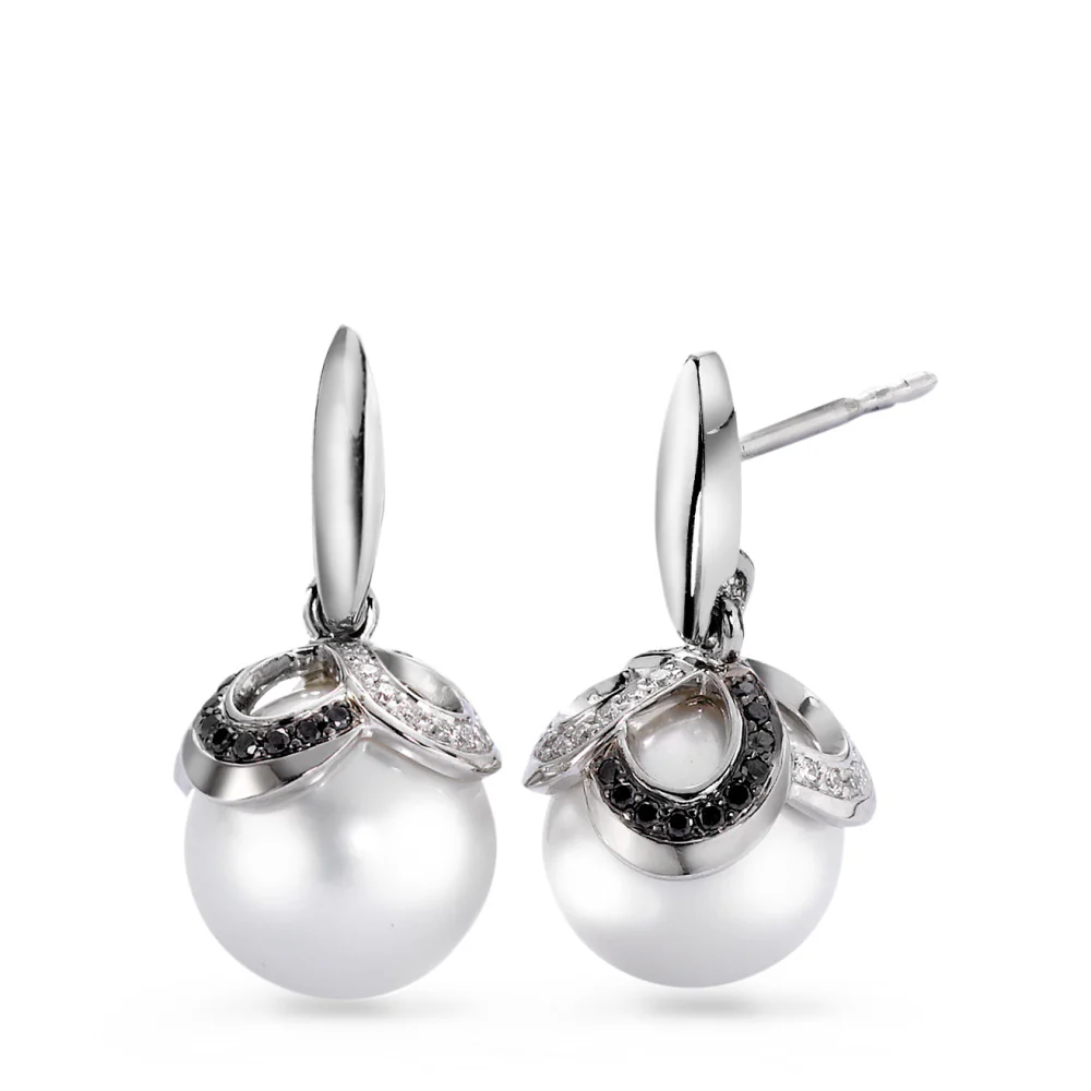 Orecchini Oro bianco 750/18 carati Diamante nero, 0.32 ct, 80 pietra, [Brillant], tw-vsi Perla coltivata d'acqua dolce bianco, 2 Perla, 10 mm