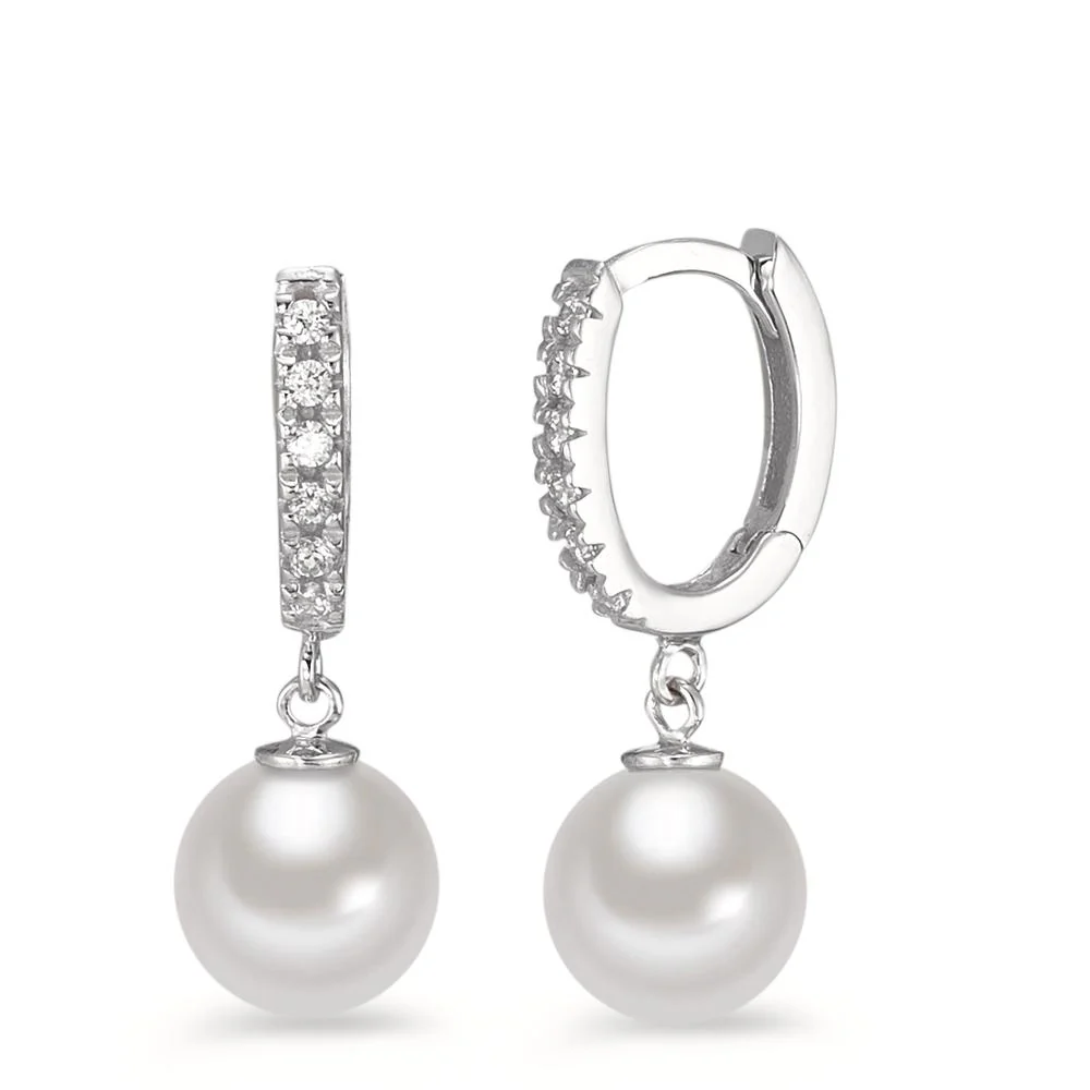 Orecchini Oro bianco 750/18 carati Zirconia 12 pietra Perla coltivata d'acqua dolce bianco, 2 Perla, 6.5 mm