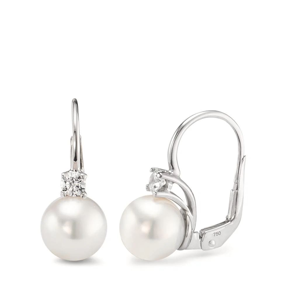 Orecchini Oro bianco 750/18 carati Zirconia 2 pietra Perla coltivata d'acqua dolce bianco, 2 Perla, 7.5 mm