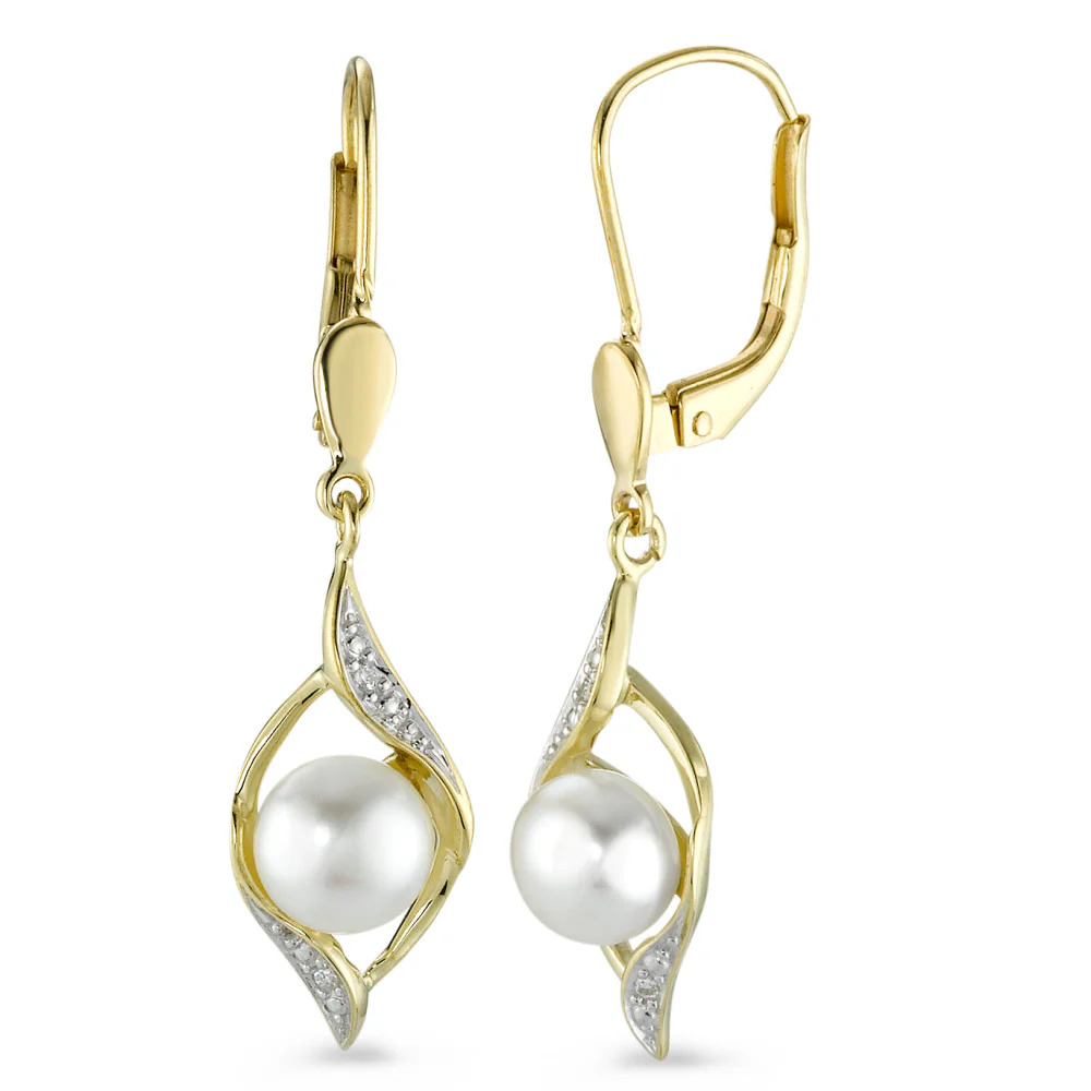 Orecchini Oro giallo 375/9K Diamante 0.016 ct, 4 pietra, w-si Perla coltivata d'acqua dolce bianco, 2 Perla, 7 mm