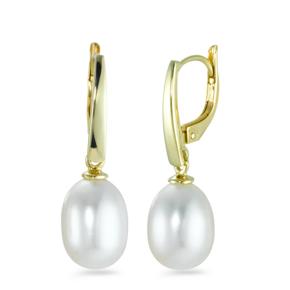 Orecchini Oro giallo 375/9K Perla coltivata d'acqua dolce bianco, 2 Perla 7.5-8 mm
