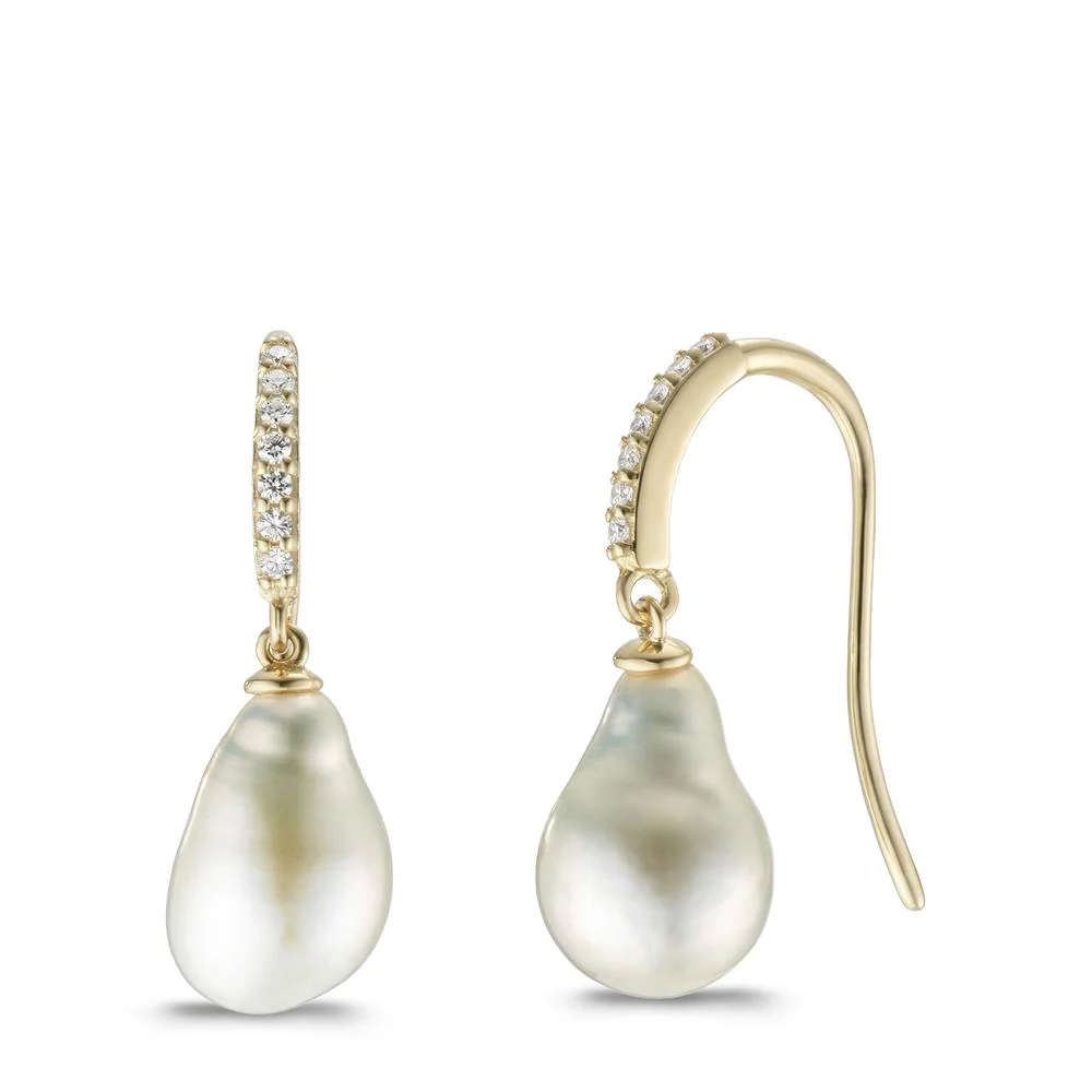 Orecchini Oro giallo 375/9K Zirconia 14 pietra Perla coltivata d'acqua dolce [Tropfen], 2 Perla 7-7.5 mm