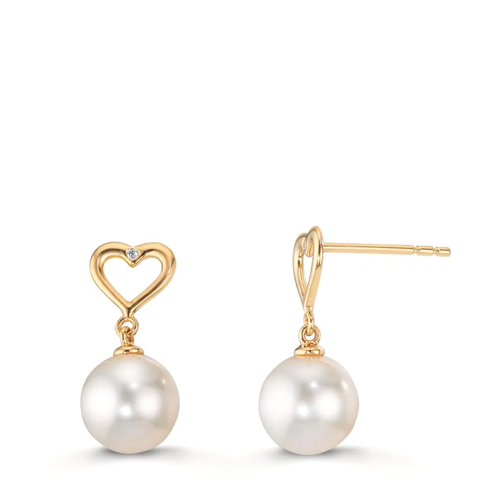 Orecchini Oro giallo 750/18 carati Diamante 0.008 ct, tc-si Perla coltivata d'acqua dolce, 2 Perla, 7.5 mm Cuore