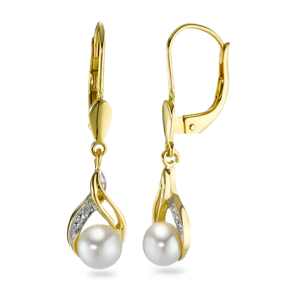 Orecchini Oro giallo 750/18 carati Diamante 0.008 ct, w-si Perla coltivata d'acqua dolce bianco, 2 Perla, 5 mm