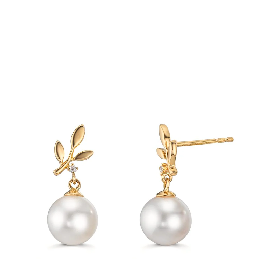 Orecchini Oro giallo 750/18 carati Diamante 0.012 ct, tc-si Perla coltivata d'acqua dolce, 2 Perla 7.5-8 mm Foglio