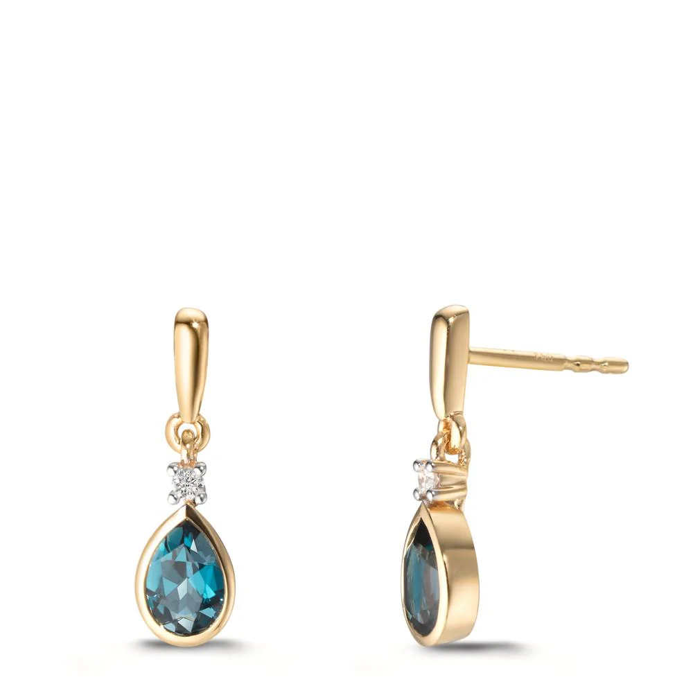 Orecchini Oro giallo 750/18 carati Diamante 0.03 ct, 2 pietra, w-si, Topazio azzurro di Londra 2 pietra