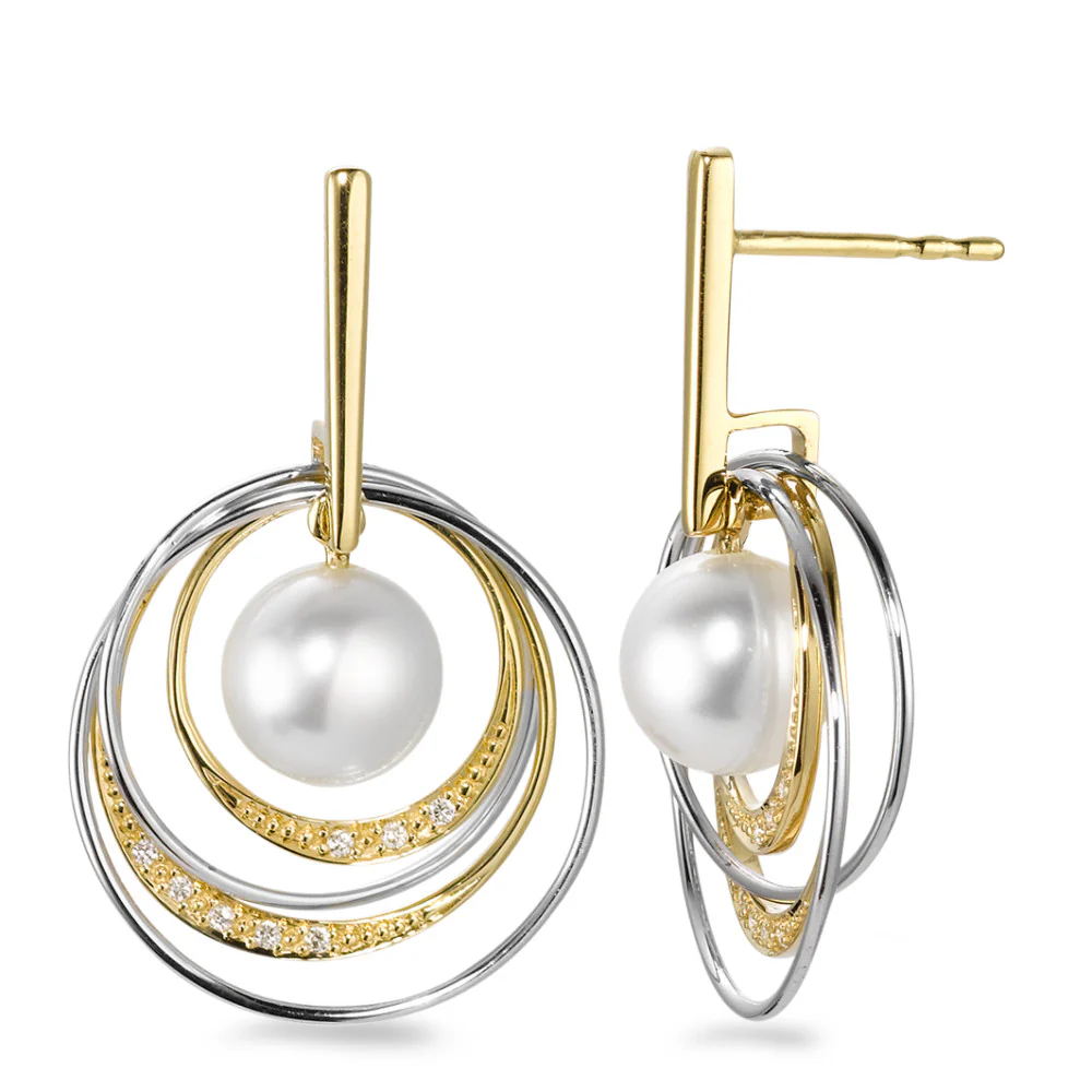 Orecchini Oro giallo 750/18 carati, Oro bianco 750/18 carati Diamante bianco, 0.05 ct, 16 pietra, [Brillant], w-si Perla coltivata d'acqua dolce, 7.5 mm