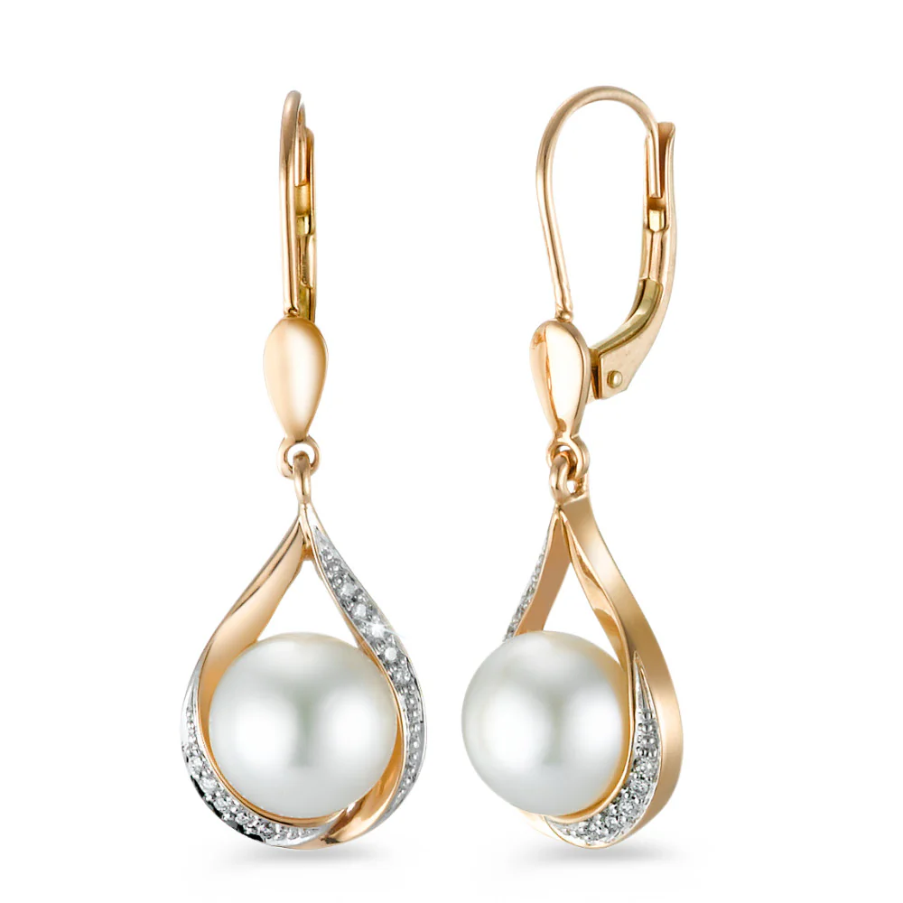 Orecchini Oro rosso 750/18 carati Diamante 0.06 ct, 20 pietra, [Brillant], w-si Perla coltivata d'acqua dolce bianco, 2 Perla 7.5-8 mm